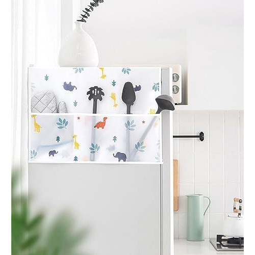 Wolpin 1Pc Fridge Cover For Top With 6 Utility Pockets Cartoon Prints Waterproof Single Door (130 X 54 Cm)