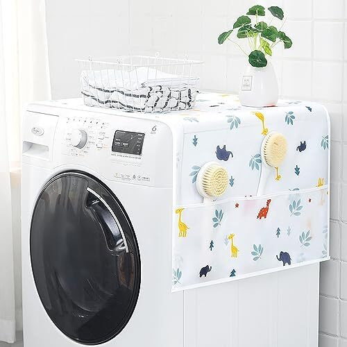 Wolpin 1Pc Fridge Cover For Top With 6 Utility Pockets Cartoon Prints Waterproof Single Door (130 X 54 Cm)