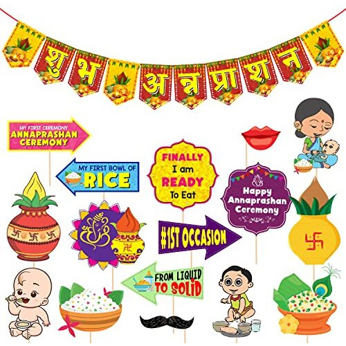 Zyozique Annaprasanam Photo Booth Props With Annaprasanam Paper Banner Hindi Font Shubh Annaprashan Yellow & Red Color Font/Rice Ceremony Decorations Items /(Pack Of 17)