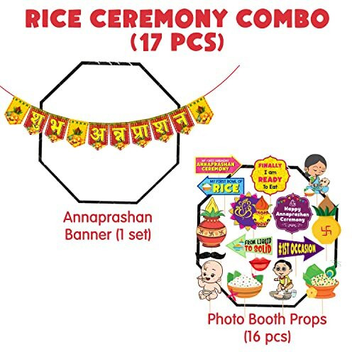 Zyozique Annaprasanam Photo Booth Props With Annaprasanam Paper Banner Hindi Font Shubh Annaprashan Yellow & Red Color Font/Rice Ceremony Decorations Items /(Pack Of 17)