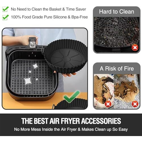 Niwix Pack Of 2 Air Fryer Silicone Liners I Round Basket Baking Accessories Tray I Basket Bowl I Nonstick Reusable Heat Resistant I Cooking Oven Insert Accessories Kitchen Gadgets (8 Inch, Pack Of 2)