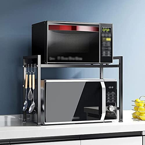 Zeroway Metal Adjustable Microwave Stand Kitchen Platform 2-Tier Microwave Oven Rack With 8-Hooks Multipurpose Countertop Storage Oven Stand Kitchen 7-Tank Process Powder Coated- Black, Tiered Shelf