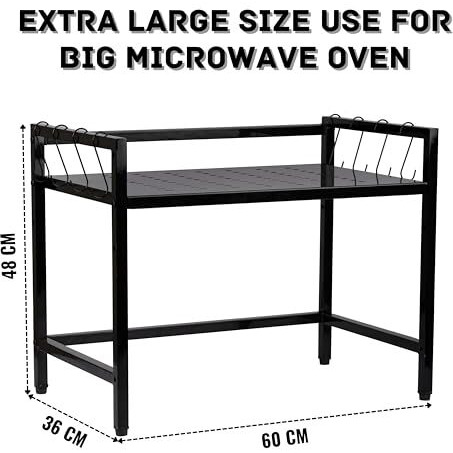Zeroway Metal Adjustable Microwave Stand Kitchen Platform 2-Tier Microwave Oven Rack With 8-Hooks Multipurpose Countertop Storage Oven Stand Kitchen 7-Tank Process Powder Coated- Black, Tiered Shelf