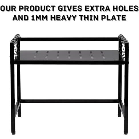 Zeroway Metal Adjustable Microwave Stand Kitchen Platform 2-Tier Microwave Oven Rack With 8-Hooks Multipurpose Countertop Storage Oven Stand Kitchen 7-Tank Process Powder Coated- Black, Tiered Shelf