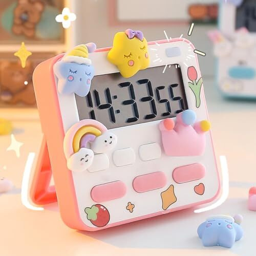 Wolpin Digital Kitchen Timer & Stopwatch With 3D Stickers Countdown Large Digits, Loud Alarm, Magnetic Stand For Cooking | Baking | Kids Study Teacher Shower Oven Back Stand Hanging Hole, Pink & White
