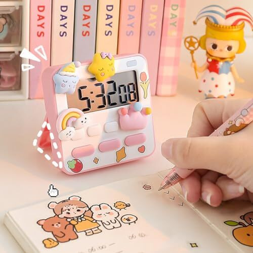 Wolpin Digital Kitchen Timer & Stopwatch With 3D Stickers Countdown Large Digits, Loud Alarm, Magnetic Stand For Cooking | Baking | Kids Study Teacher Shower Oven Back Stand Hanging Hole, Pink & White