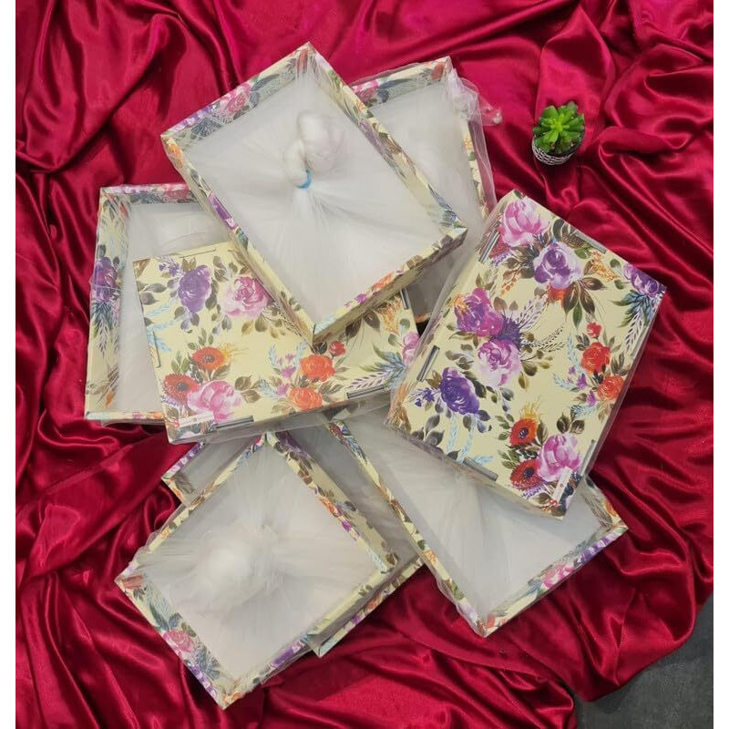 Satyam Kraft 6 Pcs Multipurpose Decorative Folding Gift Box | Folding Paper Hamper Boxes For Wedding, Birthday, Return Gifts, Sweets, Diy Craft | Rectangular Cardboard Tray With Net