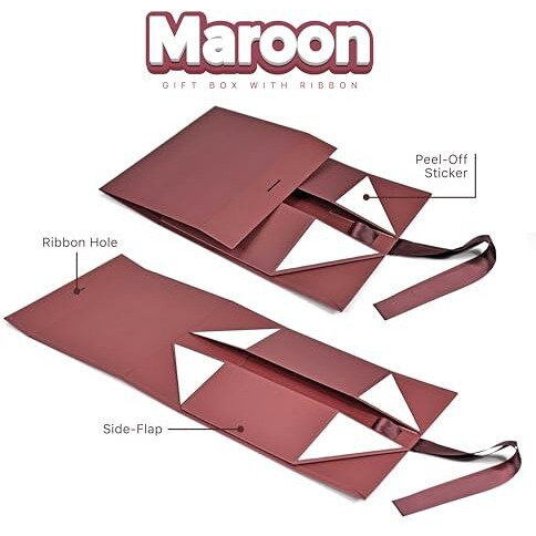 Rbs - Foldable Gift Box With Ribbon 23 X 16 X 10Cm Scratchfree Gift Boxes For Packaging (1 Pack), Multi-Purpose Gift Boxes For Presents Reuse Gift Packing Box Decorative Hamper Box (Maroon)