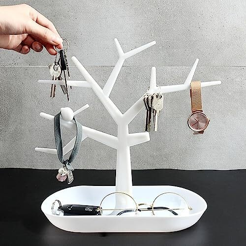 Wolpin Plastic Tree Key Holders With Tray For Dressing Table Home Decor Hallway Multiple Key Hanger,Watch Holder Decorative Storage Box,White
