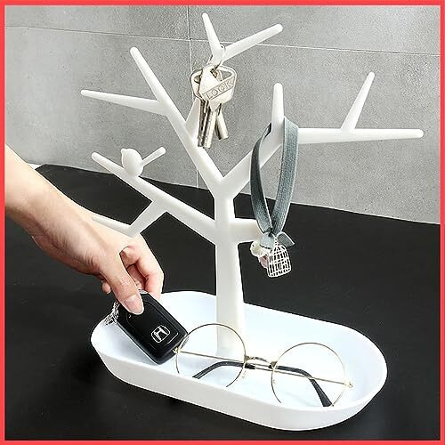 Wolpin Plastic Tree Key Holders With Tray For Dressing Table Home Decor Hallway Multiple Key Hanger,Watch Holder Decorative Storage Box,White