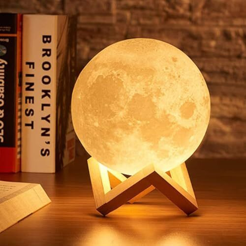 Primesky 3D Moon Light Lamp Night Lamp With Wooden Stand Touch Sensor For Adult And Kids 7 Color Automatic Changing For Bedroom -15Cm