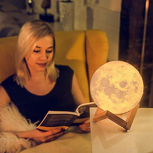Primesky 3D Moon Light Lamp Night Lamp With Wooden Stand Touch Sensor For Adult And Kids 7 Color Automatic Changing For Bedroom -15Cm