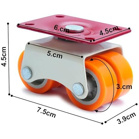 Caneuf Heavy Duty 360 Rotation 4-Wheels Roller Moving Caster - Four Nylon Wheels For Furniture, Table, Trolley - 375/400Kg Load Capacity, Orange, Pack Of 4