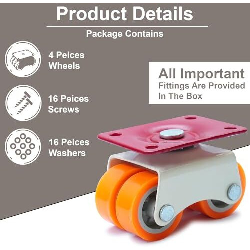 Caneuf Heavy Duty 360 Rotation 4-Wheels Roller Moving Caster - Four Nylon Wheels For Furniture, Table, Trolley - 375/400Kg Load Capacity, Orange, Pack Of 4