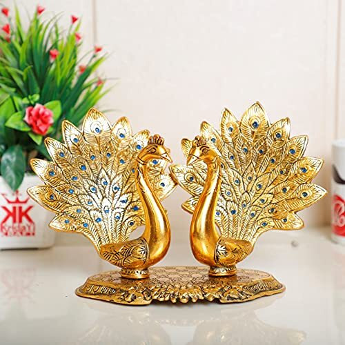 Kridaykraft Double Peacock Metal Statue, Lovers Peacock Couple, Animal Showpiece Figurines, Feng Shui As Table Top Figurine For Living Room, Office, Bedroom, Decorative