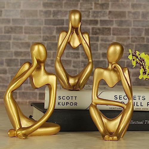 Tied Ribbons Decorative Abstract Thinker Men Statue Set Of 3 Modern Art Showpiece Sculpture(Fantasy,Gold,13Cmx6Cm) Decoration Items For Home Decor Living Room Bedroom Bookshelf Table Office-Resin