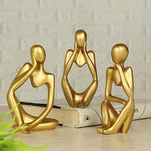 Tied Ribbons Decorative Abstract Thinker Men Statue Set Of 3 Modern Art Showpiece Sculpture(Fantasy,Gold,13Cmx6Cm) Decoration Items For Home Decor Living Room Bedroom Bookshelf Table Office-Resin