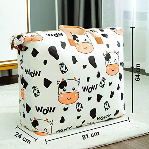 Wolpin Non-Woven Extra Large Size Underbed Storage Bag Waterproof (81 X 24 X 64 Cm) - Zippered Closure & Handle Cow Print, Rectangular