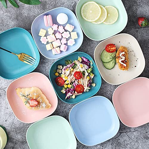 Wolpin Square Plastic Dinner Plate Set (Set Of 10 Pcs) Colorful Snacks/Breakfast Plate With Stand