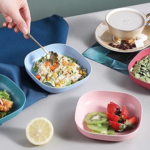 Wolpin Square Plastic Dinner Plate Set (Set Of 10 Pcs) Colorful Snacks/Breakfast Plate With Stand