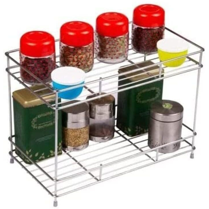 Cri8Hub Premium Stainless Steel Floor Mount Kitchen Rack, Floor Mount Kitchen Organizer And Space Saver, Counter Top Stand 2-Tiered Shelf Trolley Basket For Boxes Utensils Dishes Plates - For Home