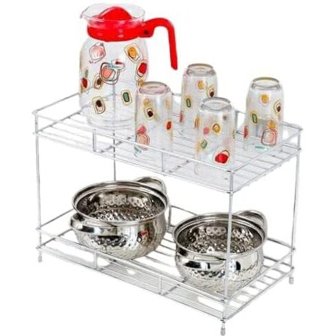 Cri8Hub Premium Stainless Steel Floor Mount Kitchen Rack, Floor Mount Kitchen Organizer And Space Saver, Counter Top Stand 2-Tiered Shelf Trolley Basket For Boxes Utensils Dishes Plates - For Home