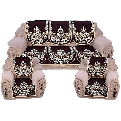 Eleganthomes Cotton Flowered 5 Seater Sofa Cover (Coffee, Brown , Standard)- Set Of 6