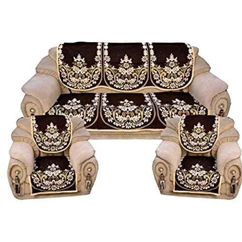 Eleganthomes Cotton Flowered 5 Seater Sofa Cover (Coffee, Brown , Standard)- Set Of 6