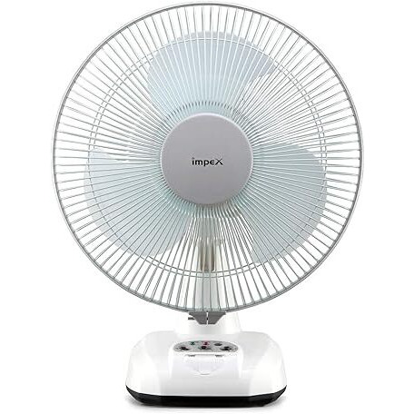 Impex Rechargeable Table Fan With Dual Selection Led Light Breeze-D3, Solar Input Socket, Silent Operation With 3 Blade Table Fan, Backup Up To 6 Hours, 3 Speed Control (1400 Rpm, White)