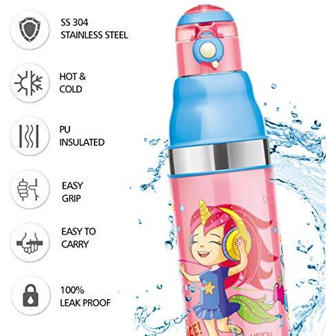 Milton Kool Stunner 600 Kids Plastic Insulated Water Bottle, 520 Ml, Sipper Bottle, Leak Proof, Bpa Free, Food Grade, School & Picnic Bottle, Pink