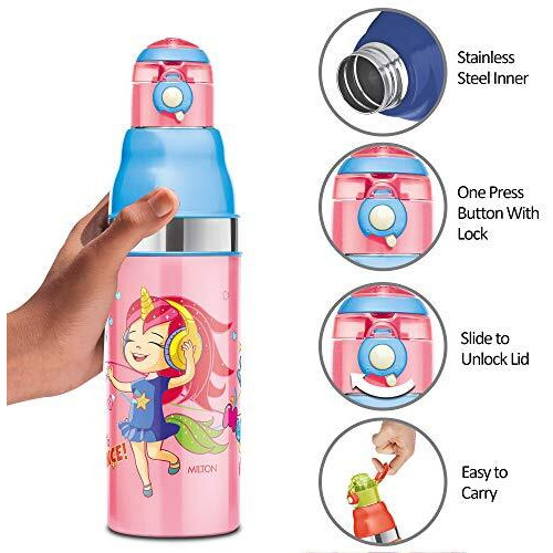 Milton Kool Stunner 600 Kids Plastic Insulated Water Bottle, 520 Ml, Sipper Bottle, Leak Proof, Bpa Free, Food Grade, School & Picnic Bottle, Pink