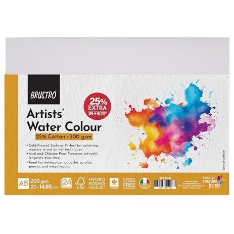 Brustro Artists Watercolour Paper, 200 Gsm, A5-25% Cotton, Cold Pressed, 24 + 6 Sheets Free