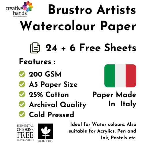 Brustro Artists Watercolour Paper, 200 Gsm, A5-25% Cotton, Cold Pressed, 24 + 6 Sheets Free