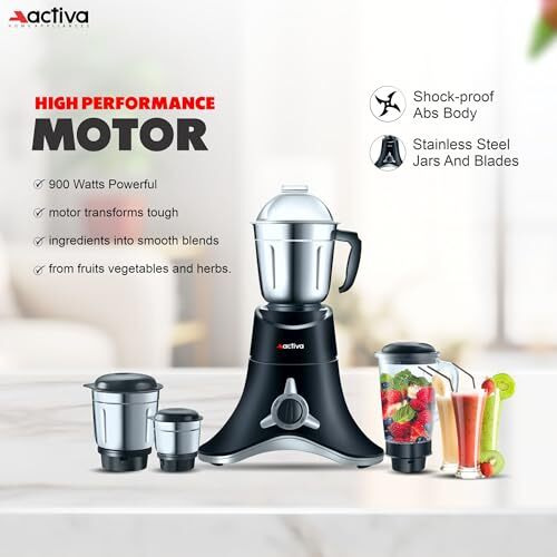 Activa Abs Super Chef 900 Watts Powerful Motor Mixer Grinder With 4 Jars | 2 Years Motor, Black