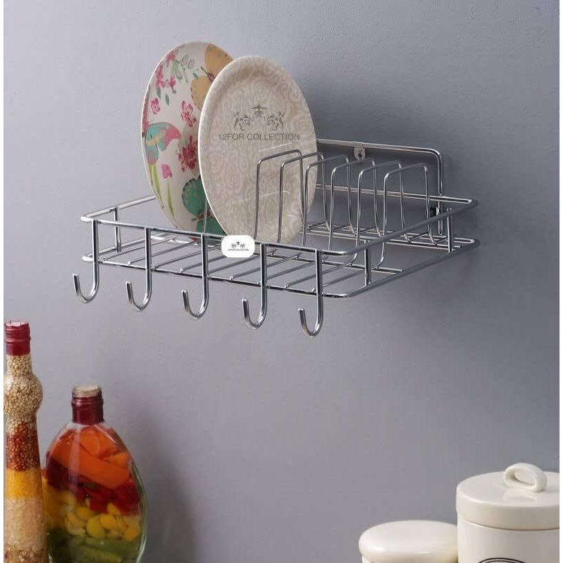 Cr18 Collection Multipurpose Wall Hanging Stainless Steel Big Mug,Cup & Saucer Holder, Plate Organizer Space Kitchen Saving Rack Utensil Kitchen Rack (Stainless Steel, Hanging Shelves, Standard)