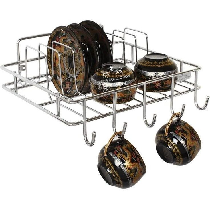 Cr18 Collection Multipurpose Wall Hanging Stainless Steel Big Mug,Cup & Saucer Holder, Plate Organizer Space Kitchen Saving Rack Utensil Kitchen Rack (Stainless Steel, Hanging Shelves, Standard)