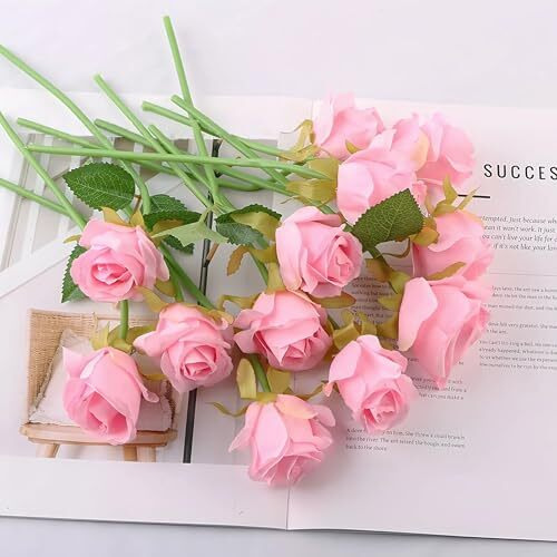 Tied Ribbons Set Of 12 Artificial Rose Flowers Bunches For Vase (24 Cm, Light Pink) - Home Decoration Gift Items For Living Room Corner Table Top Bedroom Wedding (Pot Not Included) Polyester
