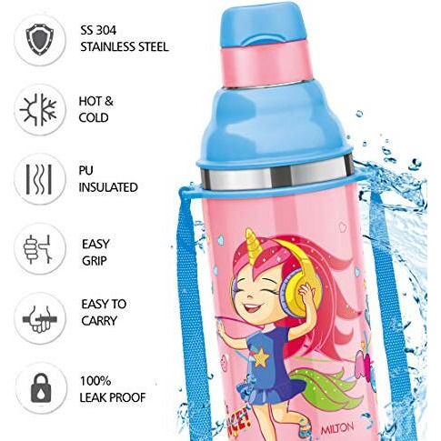 Milton Kool Stunner 400 Kids Plastic Insulated Water Bottle With Straw, 404 Ml, Sipper Bottle, Leak Proof, Bpa Free, Food Grade, School & Picnic Bottle, Pink