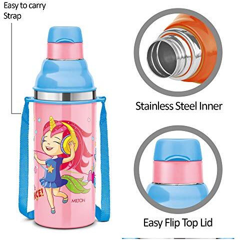 Milton Kool Stunner 400 Kids Plastic Insulated Water Bottle With Straw, 404 Ml, Sipper Bottle, Leak Proof, Bpa Free, Food Grade, School & Picnic Bottle, Pink