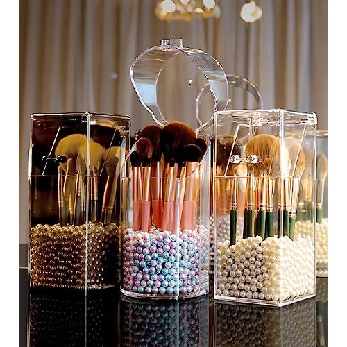 Wolpin 1Pc Makeup Brush Box Holder Case Cosmetic Kit Storage Organizer Acrylic Case With Peals Eyebrow Pen/Kajal Organiser (8.5 X 8.5 X 21 Cm), Transparent, Cosmetics