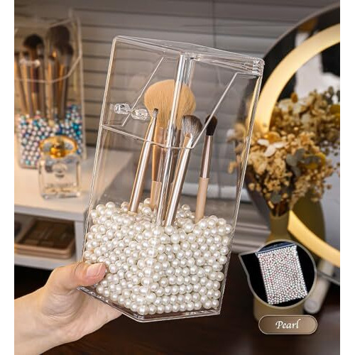 Wolpin 1Pc Makeup Brush Box Holder Case Cosmetic Kit Storage Organizer Acrylic Case With Peals Eyebrow Pen/Kajal Organiser (8.5 X 8.5 X 21 Cm), Transparent, Cosmetics