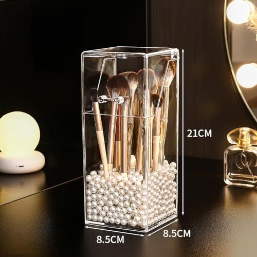 Wolpin 1Pc Makeup Brush Box Holder Case Cosmetic Kit Storage Organizer Acrylic Case With Peals Eyebrow Pen/Kajal Organiser (8.5 X 8.5 X 21 Cm), Transparent, Cosmetics