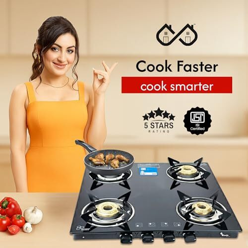 Thermador Ecoflame 4 Burner Gas Stove Glass Top Manual Ignition | Brass Plated Burners | Four Burner Gas Stove | Lpg | Isi Certified | 1 Yr Manufacturer Warranty