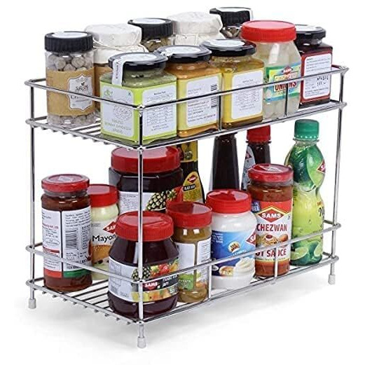 Cr18 Collection Heavy Stainless Steel Countertop Kitchen Rack, Kitchen Organizer, Space Saver, Counter Top Kitchen Stand 2-Tier Trolley Basket For Boxes Utensils Dishes Plates For Home, Tiered Shelf