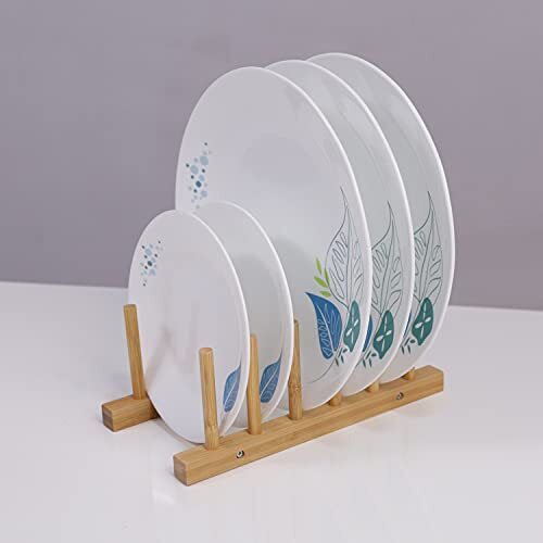 Hokipo Bamboo Wooden Plate Stand Rack For Kitchen Cabinets Dish Stand Dinner Plate Holder (New3582)