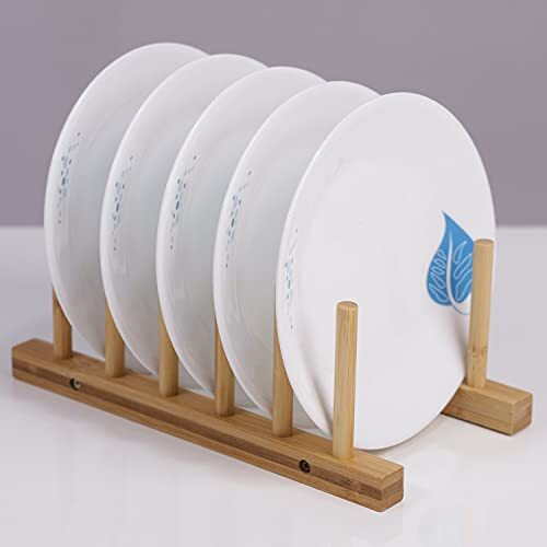 Hokipo Bamboo Wooden Plate Stand Rack For Kitchen Cabinets Dish Stand Dinner Plate Holder (New3582)