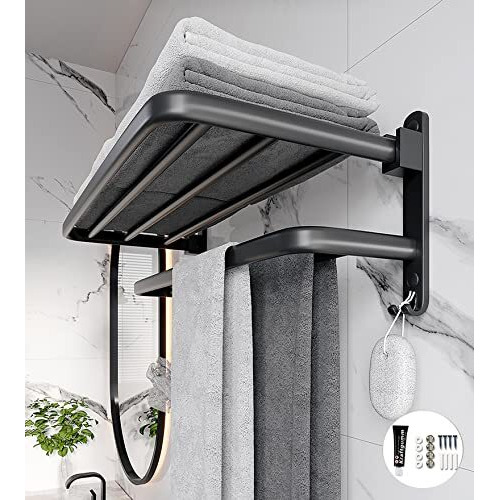 Wolpin Black Stainless Steel Folding Towel Rack For Bathroom/Towel Stand (60 Cm -Smooth Finish)