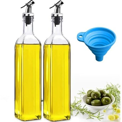 Kmils Oil Dispenser, Glass 500 Ml Oil Dispenser For Kitchen, Oil Container For Kitchen, Oil Can & Oil Pourer For Kitchen With Silicone Funnel (2 Pcs Oil Bottle + 1 Pc Silicone Funnel) - Transparent