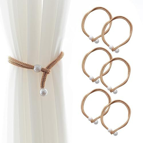 Curtain Tieback, 6Pcs Curtain Holder, Polyester Curtain Holdbacks With Imitation Pearl, Convenient Tie Backs Decorative Curtains Tie Band For Window (3Pairs Yellow)