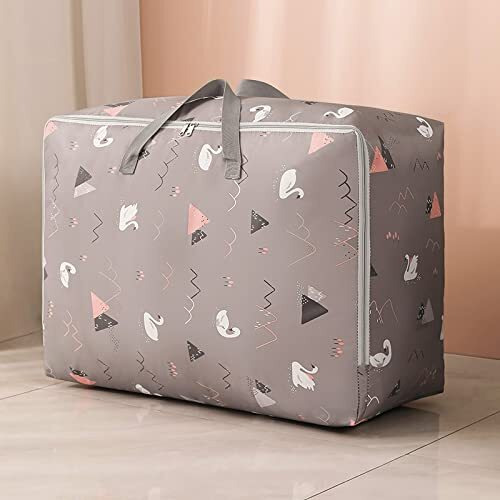 Wolpin Non-Woven Extra Large Size Underbed Storage Bag Waterproof (58 X 40 X 23 Cm) - Zippered Closure & Handle Swan Print, Rectangular